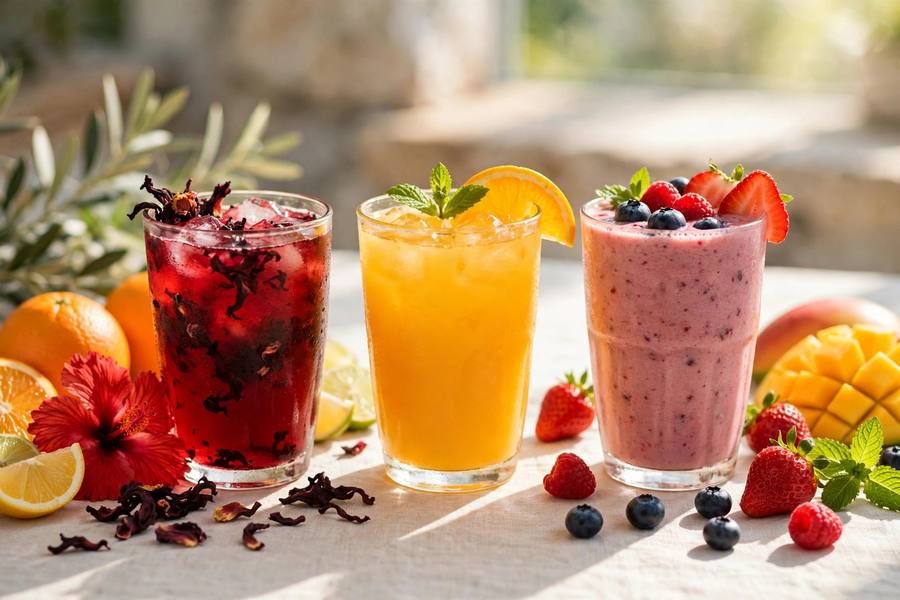 Glasses of hibiscus drink, orange juice and a fruit smoothie