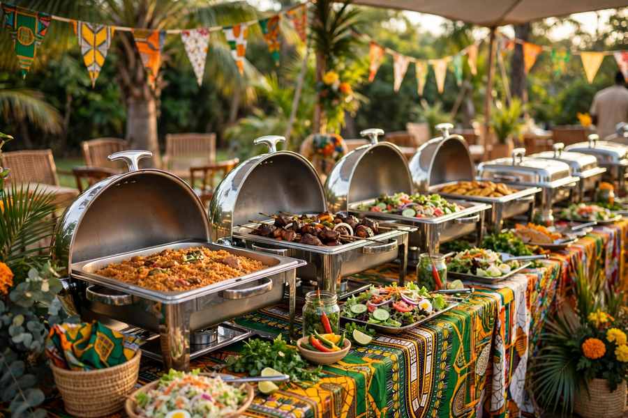 An outdoor catering buffet with rice, grilled meats and salads