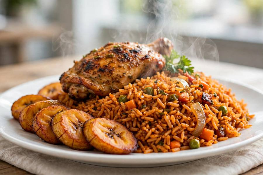 A plated meal of jollof rice, grilled chicken and fried plantain