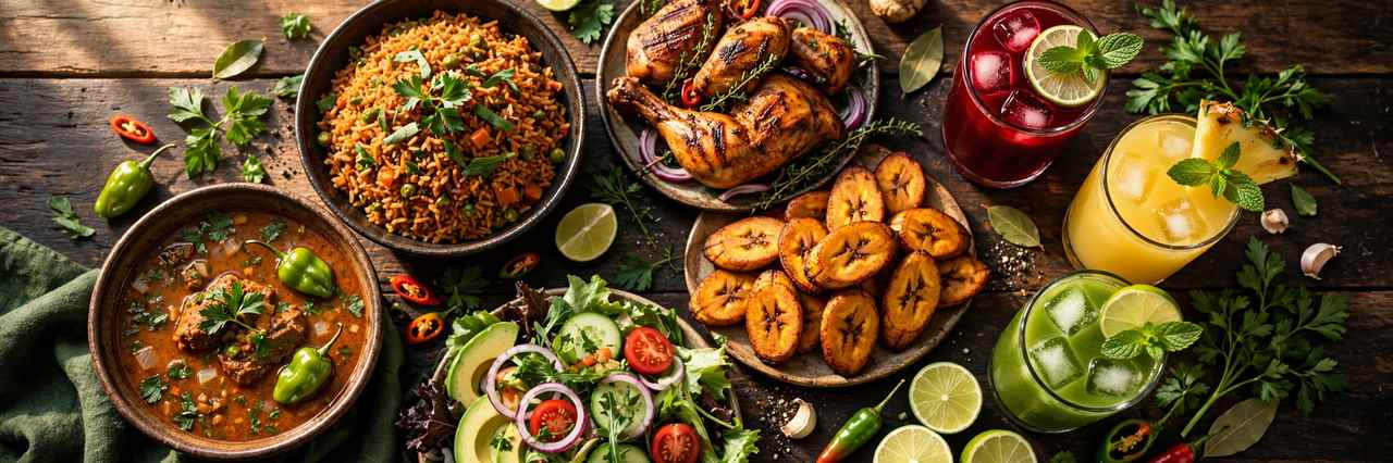 A spread of Nigerian dishes, grilled chicken, plantain, salad and colourful drinks